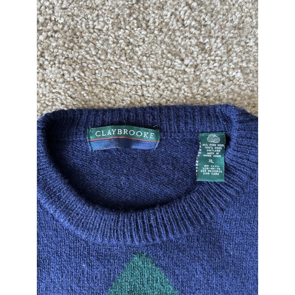 VINTAGE Claybrooke Men's XL 100% Shetland Wool Argyle Diamond Knit Sweater - Picture 2 of 5